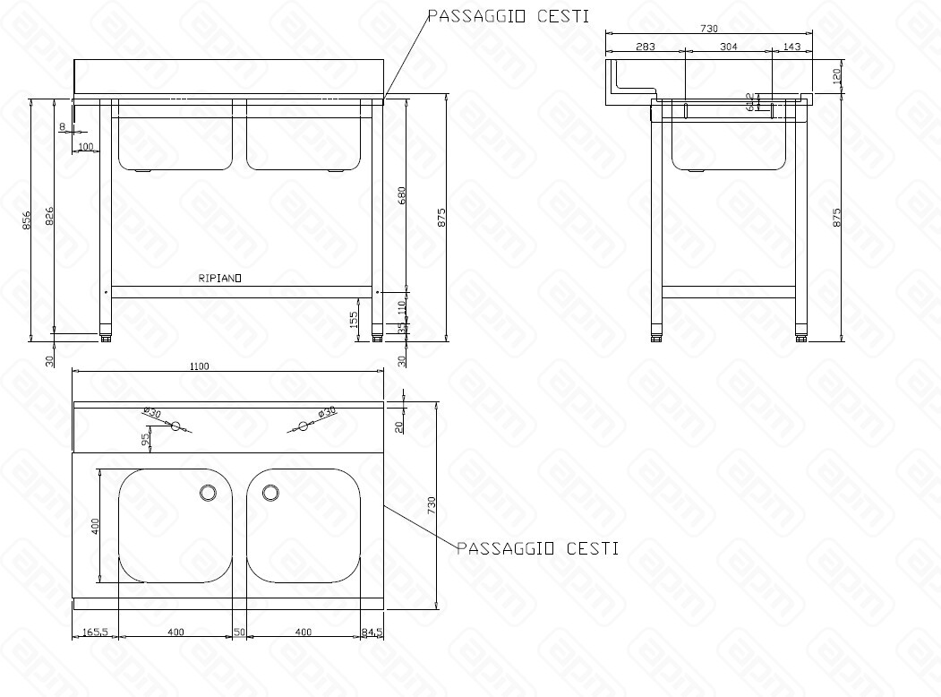 СТОЛ ДГРЯЗПОСУДЫ DIHR T55 1100 DX СПЕЦ 2 ВАННЫ