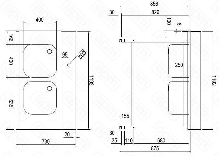 СТОЛ ДГРЯЗПОСУДЫ DIHR T55 1200 DX СПЕЦ 2 ВАННЫ