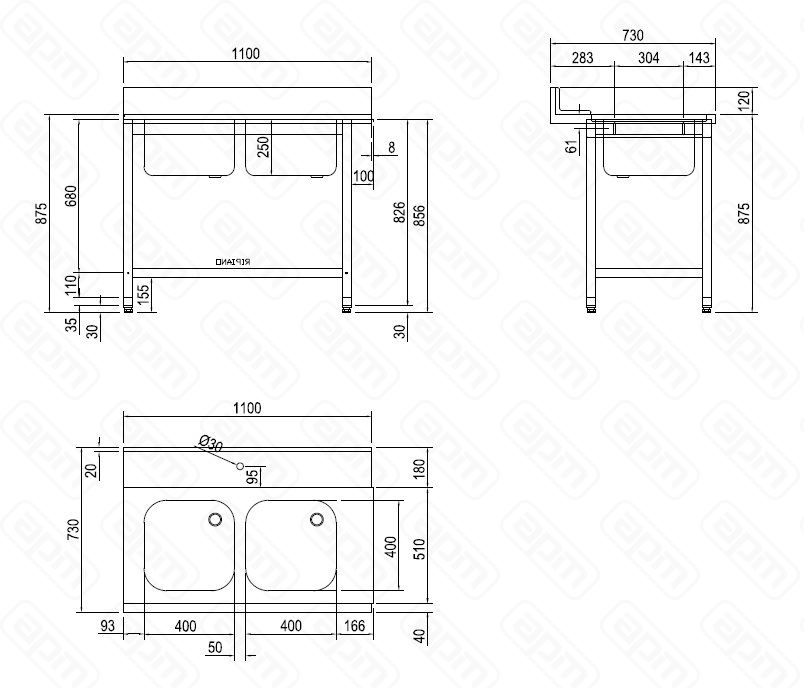 СТОЛ ДГРЯЗПОСУДЫ DIHR T55 1100 SX СПЕЦ 2 ВАННЫ